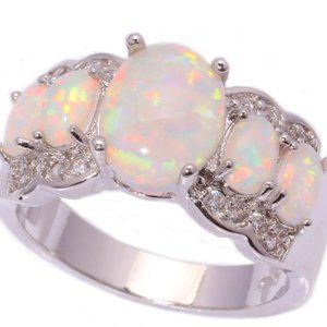 New - White Fire Opal With White Topaz Silver Ring - Size 5